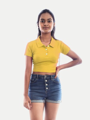 radprix Solid Women Polo Neck Yellow T-Shirt
