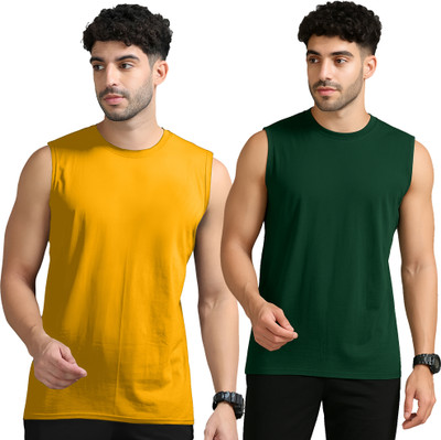 Jangoboy Solid Men Round Neck Yellow, Dark Green T-Shirt