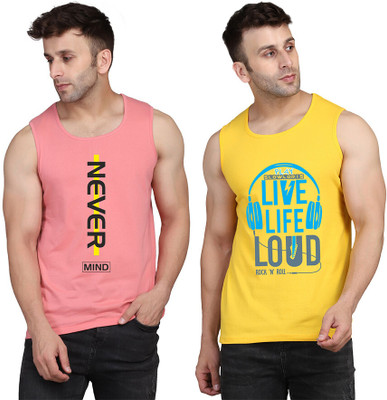 SLOWLORIS Printed Men Round Neck Yellow, Pink T-Shirt