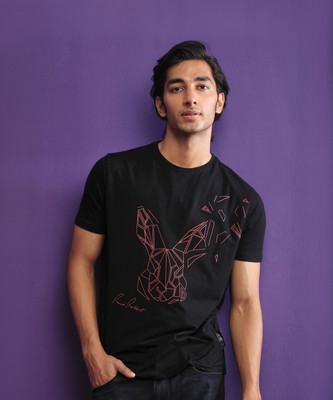 RARE RABBIT Printed Men Round Neck Black T-Shirt