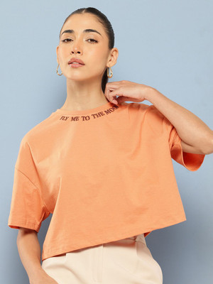 CHEMISTRY Solid Women Round Neck Orange T-Shirt