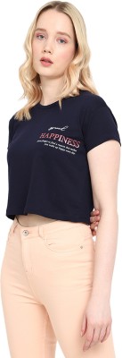 V-MART Printed, Typography Women Round Neck Dark Blue T-Shirt