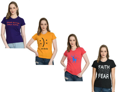 IndiWeaves Printed Women Round Neck Purple, Orange, Silver T-Shirt