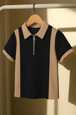 KAJARU Striped Men Zip Neck Brown, Black T-Shirt