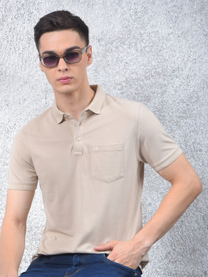 CRIMSOUNE CLUB Solid Men Polo Neck Beige T-Shirt