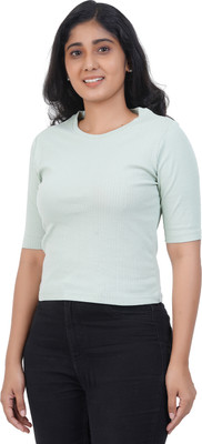 Eag Lin Solid Women Round Neck Pink T-Shirt