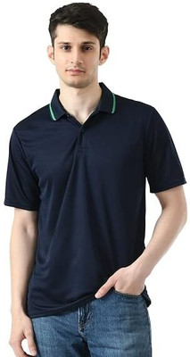 playR Solid Men Polo Neck Blue T-Shirt