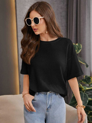 RIFA FIT Self Design Women Round Neck Black T-Shirt