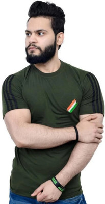 DINSHA Solid Men Round Neck Dark Green T-Shirt