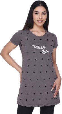 plush Printed Women Round Neck Grey T-Shirt