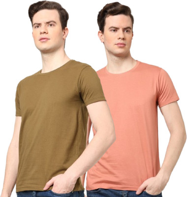 PATEL HUB Solid Men Crew Neck Brown, Pink T-Shirt