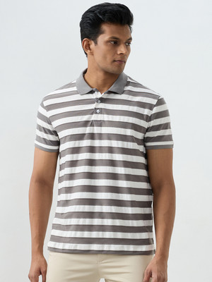 Spykar Striped Men Polo Neck Grey T-Shirt