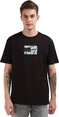 TOMMY HILFIGER Printed Men Round Neck Black T-Shirt
