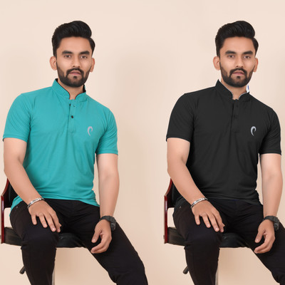 Pio Sports Printed, Solid Men Mandarin Collar Multicolor T-Shirt