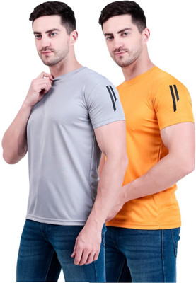 OCTOVEEJ Striped Men Round Neck Grey, Yellow T-Shirt