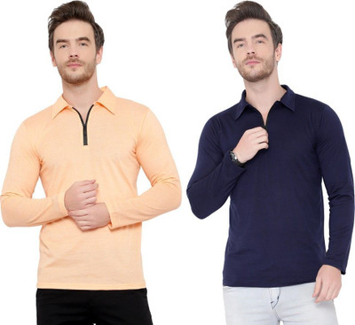 JB Jangoboy Solid Men Polo Neck Dark Blue, Beige T-Shirt