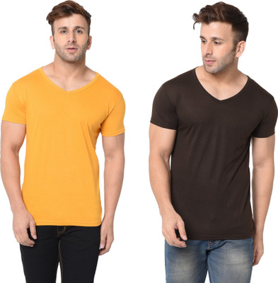 Tresna Trending Solid Men V Neck Brown, Yellow T-Shirt