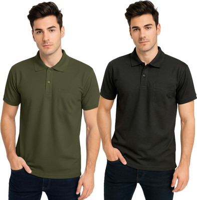 tshirt Solid Men Polo Neck Green, Black T-Shirt