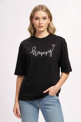 SZN Typography Women Round Neck Reversible Black T-Shirt