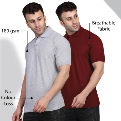 Magnemite Solid Men Polo Neck Grey, Maroon T-Shirt