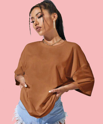 Christy World Solid Women Round Neck Brown T-Shirt