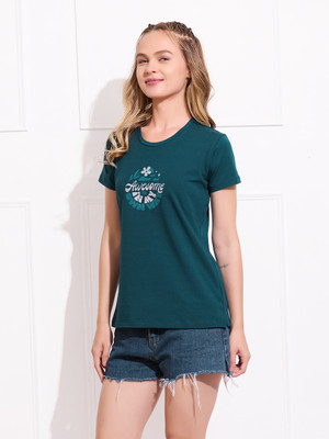 QUIRA Solid Women Round Neck Blue T-Shirt
