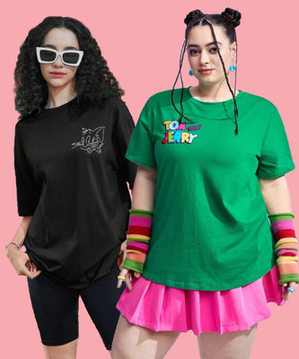 TOM AND JERRY by DreamBe Printed Women Round Neck Black, Green T-Shirt