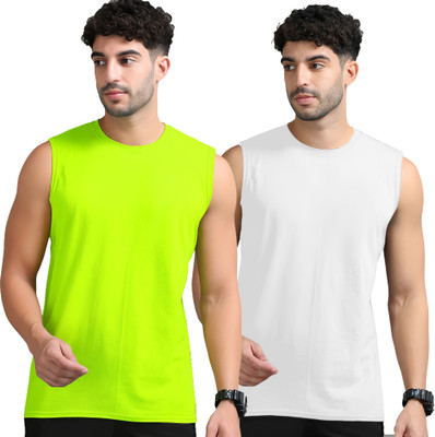 Adorbs Solid Men Round Neck Green, White T-Shirt