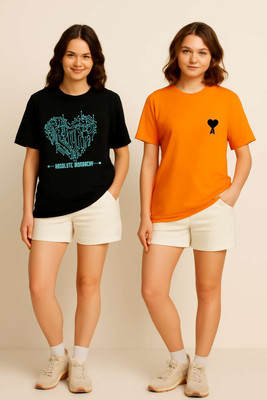 Absolute Monarchy Printed Women Round Neck Orange, Black T-Shirt