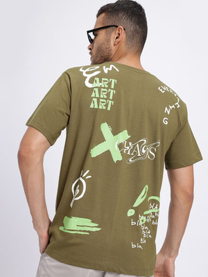 Glitchez Printed Men Round Neck Green T-Shirt