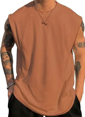 Blendora Solid Men Round Neck Brown T-Shirt
