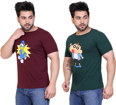 COMPANY ME Cartoon Men Round Neck Maroon, Dark Green T-Shirt