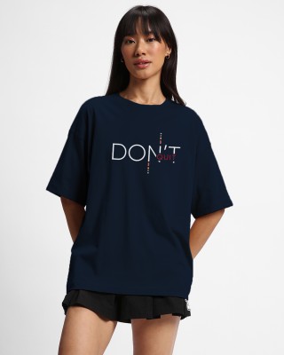 STYROX Typography Women Round Neck Navy Blue T-Shirt