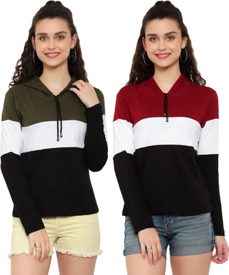 DEEPMAYRA COLLECTION Colorblock Women Hooded Neck Multicolor T-Shirt