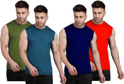 UDI n ADI Solid Men Round Neck Blue, Dark Green, Navy Blue, Red T-Shirt