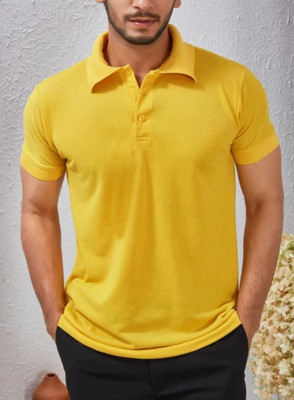 pri Solid Men Polo Neck Yellow T-Shirt