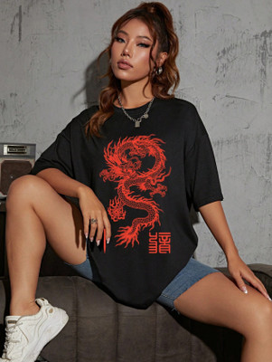 royaltraders mart Printed Women Round Neck Black T-Shirt