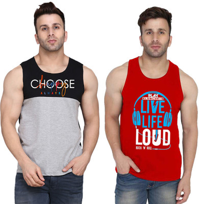 SLOWLORIS Printed, Colorblock Men Scoop Neck Red, Black, Grey T-Shirt