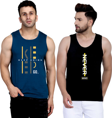 SLOWLORIS Printed Men Round Neck Dark Blue, Black T-Shirt