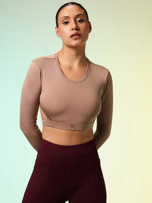 HRX by Hrithik Roshan Solid Women Round Neck Brown T-Shirt