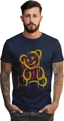 PeppyZone Printed, Typography Men Round Neck Navy Blue T-Shirt