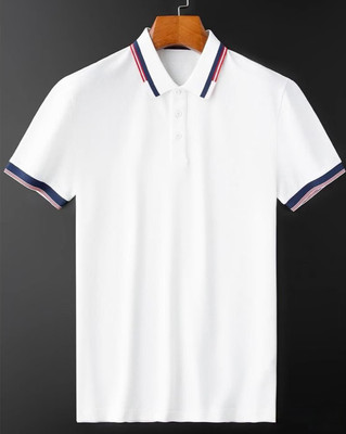 TINKUDI Self Design, Striped Men Polo Neck White T-Shirt