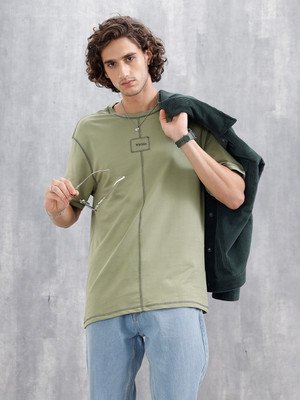 WROGN Solid Men Crew Neck Green T-Shirt