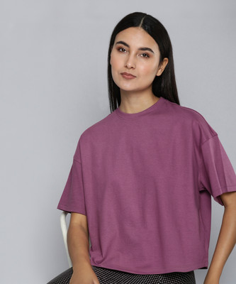 ether Solid Women Round Neck Purple T-Shirt