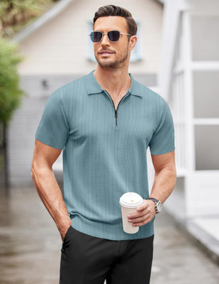 NTIFIC Solid Men Polo Neck Light Blue T-Shirt