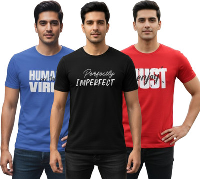 Stylewill Typography Men Round Neck Blue, Black, Red T-Shirt