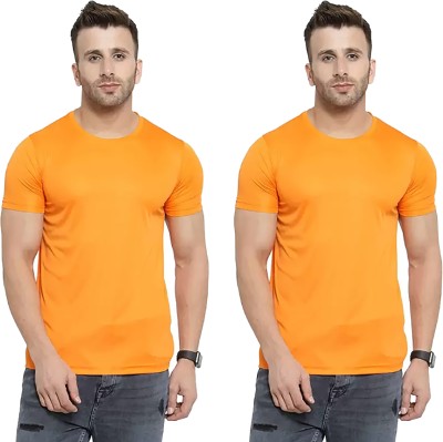 Think Tech Solid Men Round Neck Yellow T-Shirt