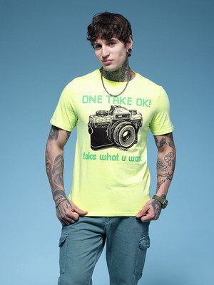 HERE&NOW Printed Men Round Neck Green T-Shirt