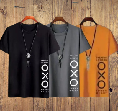 N AND K Printed Men Round Neck Black, Grey, Yellow T-Shirt