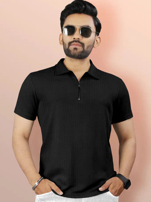 MENTIFIC Self Design Men Polo Neck Black T-Shirt